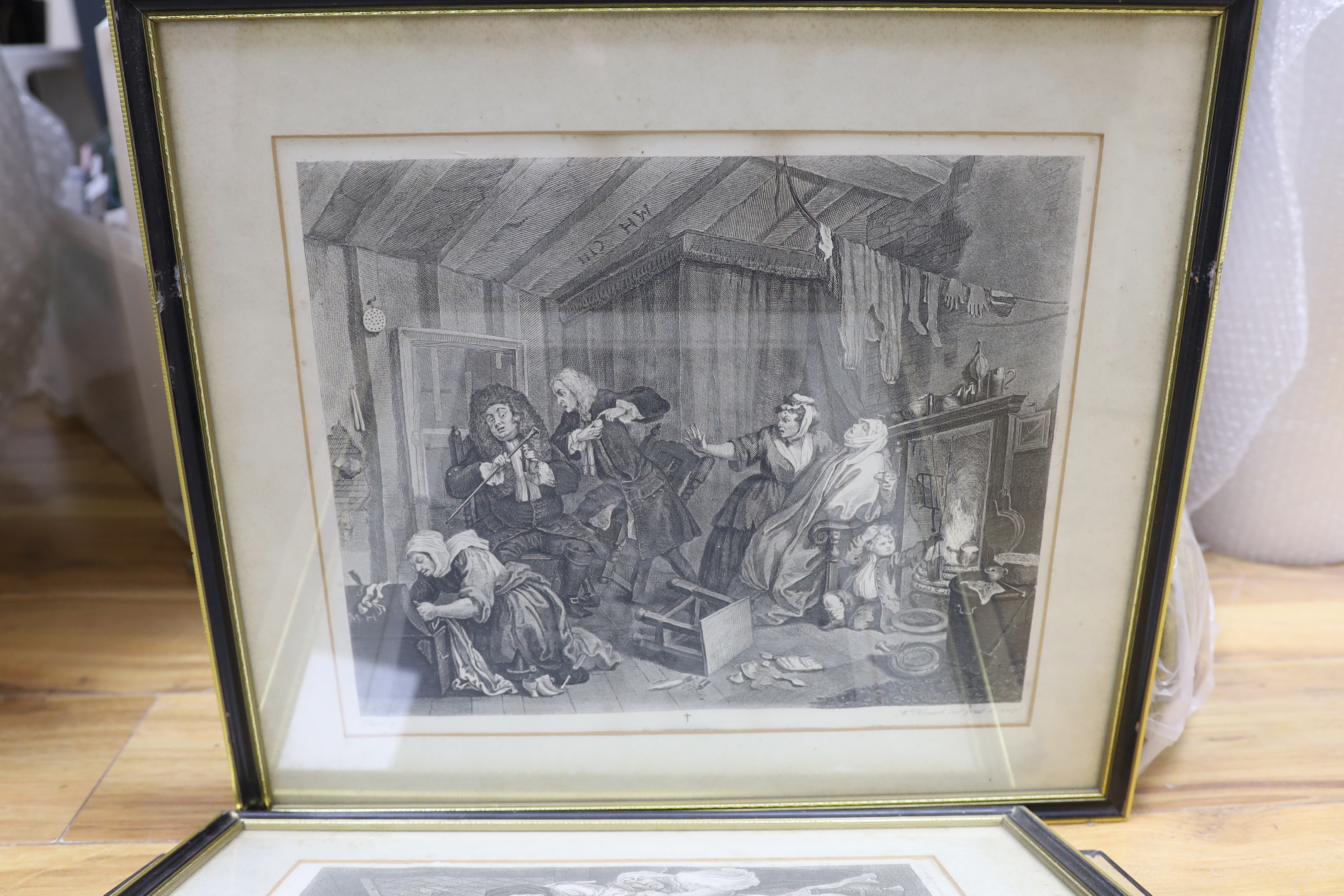 After William Hogarth (1697-1764), three satirical etchings including 'A Harlots Progress', Plate 1, 33 x 39cm